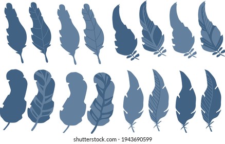 Feather Set. Simple shapes, minimalism. Natural elements for design. Hand drawn vector print. 