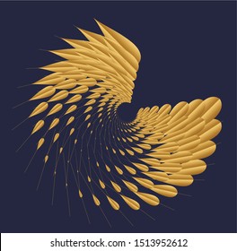 Feather shaped geometric form in Circle path in golden color on dark blue background. Explosion background . Vector Illustration. Abstract Geometric shape