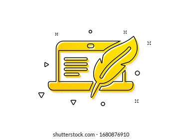 - Signo de pluma de copyright. Icono de bloc de notas de copia. Símbolo de contenido multimedia. Patrón de círculos amarillos. Icono de portátil de derechos de autor clásicos. Elementos geométricos. Vector