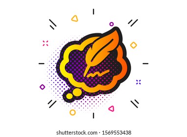 Feather sign. Halftone circles pattern. Copywriting speech bubble icon. Copyright symbol. Classic flat copyright chat icon. Vector