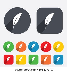 Feather sign icon. Retro pen symbol. Light weight symbol. Circles and rounded squares 12 buttons. Vector