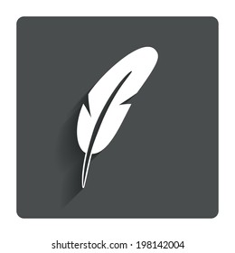 Feather sign icon. Retro pen symbol. Light weight symbol. Gray flat button with shadow. Modern UI website navigation. Vector