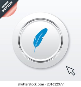 Feather sign icon. Retro pen symbol. Light weight symbol. White button with metallic line. Modern UI website button with mouse cursor pointer. Vector