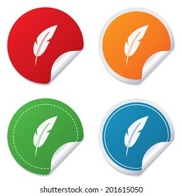 Feather sign icon. Retro pen symbol. Light weight symbol. Round stickers. Circle labels with shadows. Curved corner. Vector