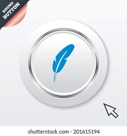 Feather sign icon. Retro pen symbol. Light weight symbol. White button with metallic line. Modern UI website button with mouse cursor pointer. Vector