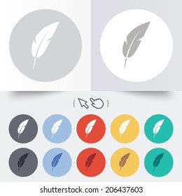 Feather sign icon. Retro pen symbol. Light weight symbol. Round 12 circle buttons. Shadow. Hand cursor pointer. Vector