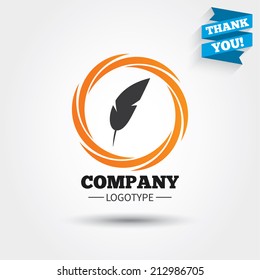 Feather sign icon. Retro pen symbol. Light weight symbol. Business abstract circle logo. Logotype with Thank you ribbon. Vector