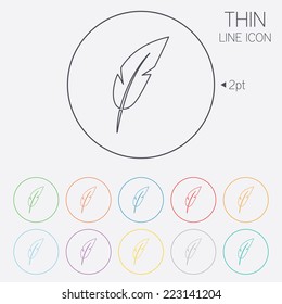 Feather sign icon. Retro pen symbol. Light weight symbol. Thin line circle web icons with outline. Vector