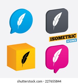 Feather sign icon. Retro pen symbol. Light weight symbol. Isometric speech bubbles and cube. Rotated icons with edges. Vector