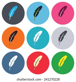 Feather sign icon. Retro pen symbol. Light weight symbol. Colored round buttons. Flat design circle icons set. Vector