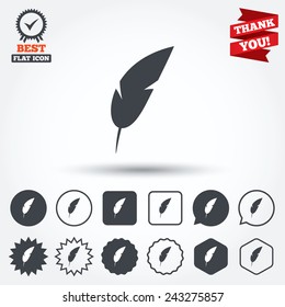 Feather sign icon. Retro pen symbol. Light weight symbol. Circle, star, speech bubble and square buttons. Award medal with check mark. Thank you ribbon. Vector