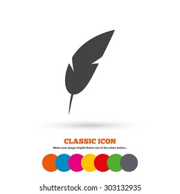 Feather sign icon. Retro pen symbol. Light weight symbol. Classic flat icon. Colored circles. Vector