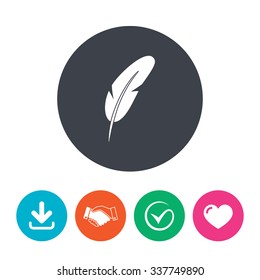 Feather sign icon. Retro pen symbol. Light weight symbol. Download arrow, handshake, tick and heart. Flat circle buttons.