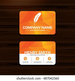 Feather sign icon. Retro pen symbol. Light weight symbol. Business card template with flat icon. Visiting card low poly design. Vector