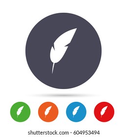 Feather sign icon. Retro pen symbol. Light weight symbol. Round colourful buttons with flat icons. Vector
