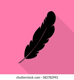 Feather sign illustration. Black icon with flat style shadow path on pink background.