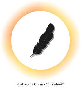 Feather sign illustration. Dark icon with shadow on the glowing circle button. Illustration.