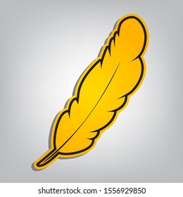 Feather sign illustration. Flat orange icon with overlapping linear black icon with gray shadow at whitish background. Illustration.