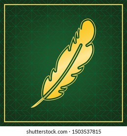 Feather sign illustration. Golden icon with gold contour at dark green gridded white background. Illustration.