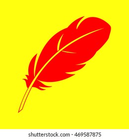 Feather sign illustration. Red on yellow background.