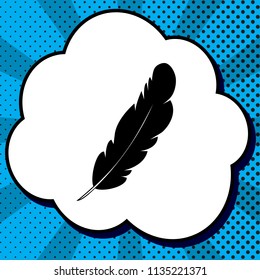 Feather sign illustration. Vector. Black icon in bubble on blue pop-art background with rays.