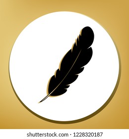 Feather sign illustration. Vector. Black icon with light brown shadow in white circle with shaped ring at golden background.