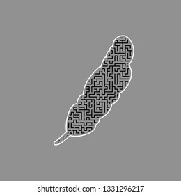 Feather sign illustration. Vector. Black maze filled icon with white border at gray background.