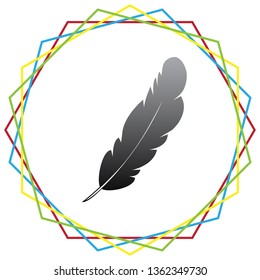 Feather sign illustration. Vector. Black icon with patch of light inside colorful hexagonal frames at white background.