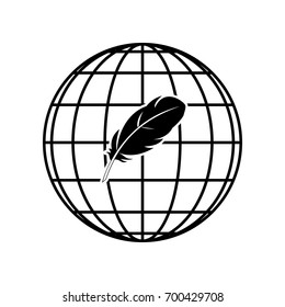Feather sign illustration. Vector. Black icon on black globe at white background. Isolated.