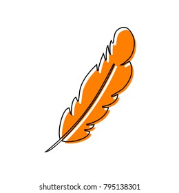 Feather sign illustration. Vector. Black line icon with shifted flat orange filled icon on white background. Isolated.