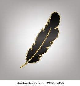 Feather sign illustration. Vector. Blackish icon with golden stars at grayish background.
