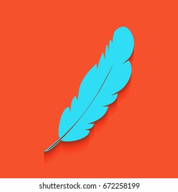 Feather sign illustration. Vector. Blue icon with soft shadow putted down on flamingo background.