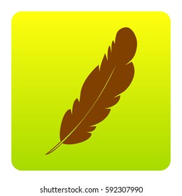 Feather sign illustration. Vector. Brown icon at green-yellow gradient square with rounded corners on white background. Isolated.