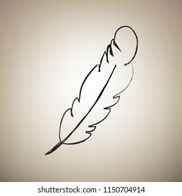 Feather sign illustration. Vector. Brush drawed black icon at light brown background.