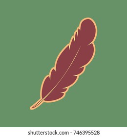 Feather sign illustration. Vector. Cordovan icon and mellow apricot halo with light khaki filled space at russian green background.