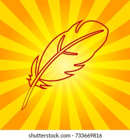 Feather sign illustration. Vector. Dark red linear icon on yellowish rays as background.