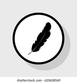 Feather sign illustration. Vector. Flat black icon in white circle with shadow at gray background.