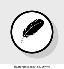 Feather sign illustration. Vector. Flat black icon in white circle with shadow at gray background.