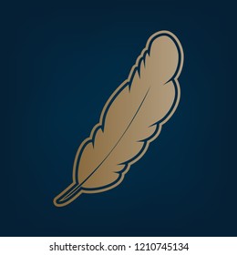 Feather sign illustration. Vector. Golden icon and border at dark cyan background.