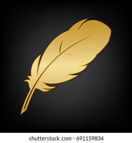 Feather sign illustration. Vector. Golden icon on blackish background.