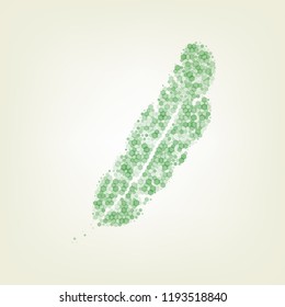 Feather sign illustration. Vector. Green hexagon rastered icon and noised opacity and size at light green background with central light.