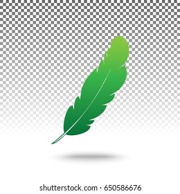 Feather sign illustration. Vector. Green gradient icon with shadow at bottom on transparent and white background.