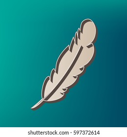Feather sign illustration. Vector. Icon printed at 3d on sea color background.