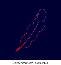 Feather sign illustration. Vector. Line icon with gradient from red to violet colors on dark blue background.