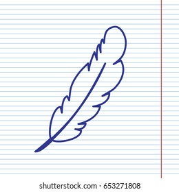 Feather sign illustration. Vector. Navy line icon on notebook paper as background with red line for field.