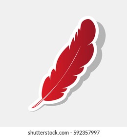 Feather sign illustration. Vector. New year reddish icon with outside stroke and gray shadow on light gray background.