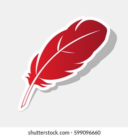 Feather sign illustration. Vector. New year reddish icon with outside stroke and gray shadow on light gray background.