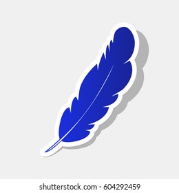 Feather sign illustration. Vector. New year bluish icon with outside stroke and gray shadow on light gray background.
