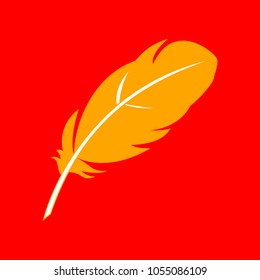 Feather sign illustration. Vector. Orange icon with white holes if exist at red background. Isolated.