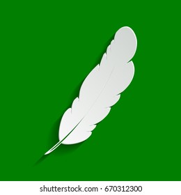 Feather sign illustration. Vector. Paper whitish icon with soft shadow on green background.